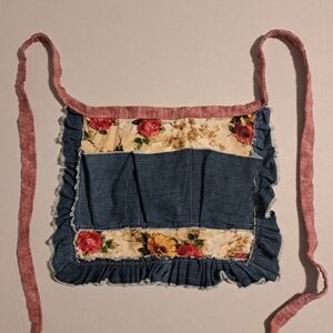 Floral Denim Apron with Pink Ties